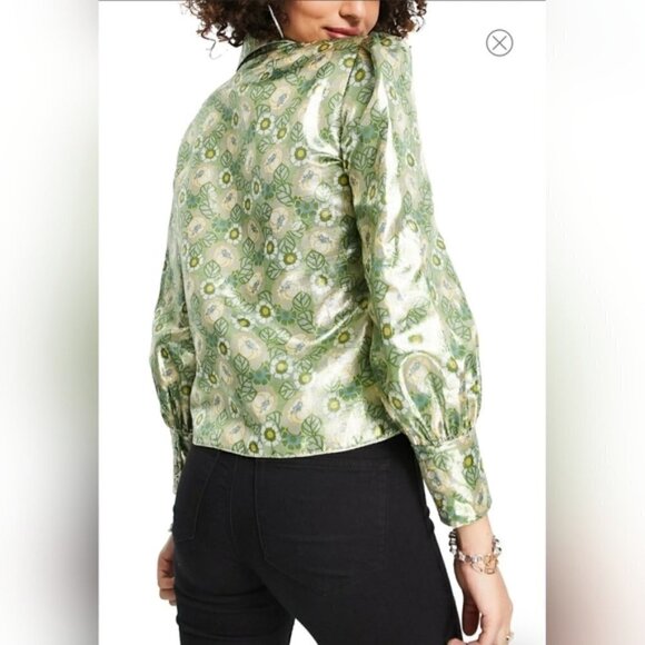 NWOT Topshop Metallic Green Floral Women 2 Button Up 70's Vibes Retro Shirt - Picture 12 of 12